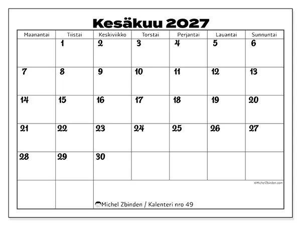 tulostettava kalenteri Kesäkuu 2027 - Työn koordinointi