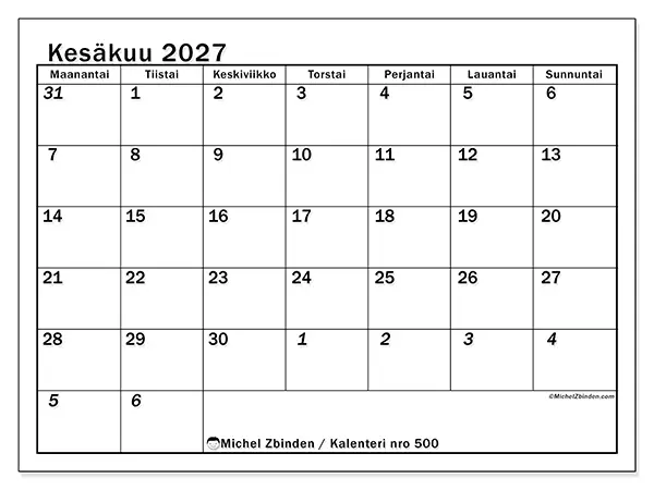 tulostettava kalenteri Kesäkuu 2027 - Intensiivinen suunnittelu