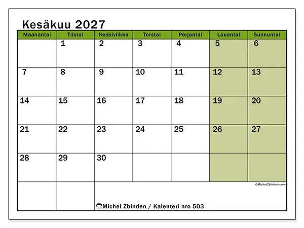 tulostettava kalenteri Kesäkuu 2027 - Luonnon sävyt