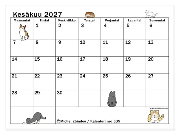 tulostettava kalenteri Kesäkuu 2027 - Kissan elämä