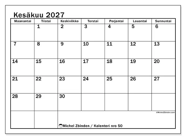 tulostettava kalenteri Kesäkuu 2027 - Selkeä kuukausisuunnittelu