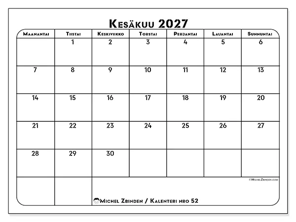 tulostettava kalenteri Kesäkuu 2027 - Työn suunnittelu