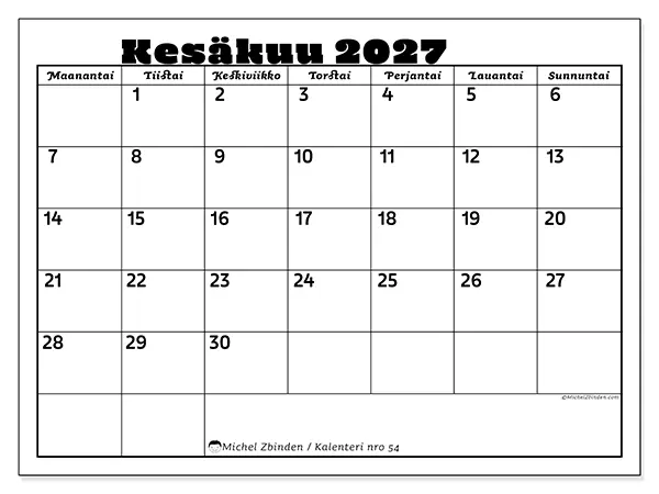 tulostettava kalenteri Kesäkuu 2027 - Perheaktiviteetit