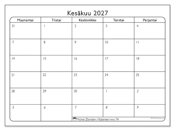 tulostettava kalenteri Kesäkuu 2027 - Työpäivät