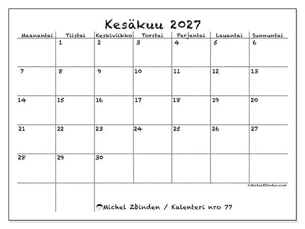tulostettava kalenteri Kesäkuu 2027 - Koulu ja perhe