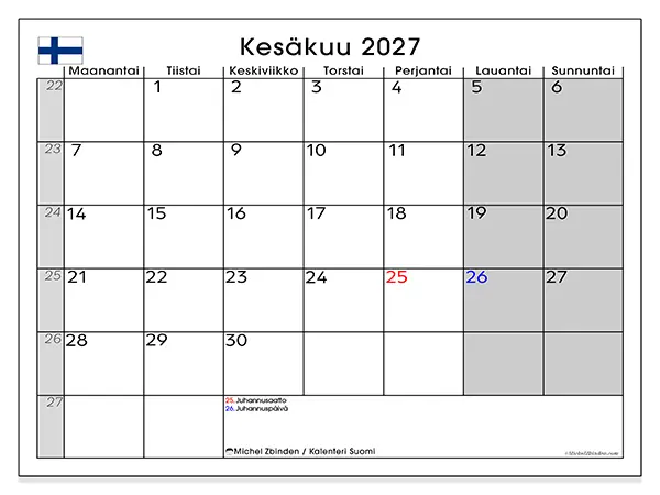 tulostettava kalenteri Kesäkuu 2027 - Suomi