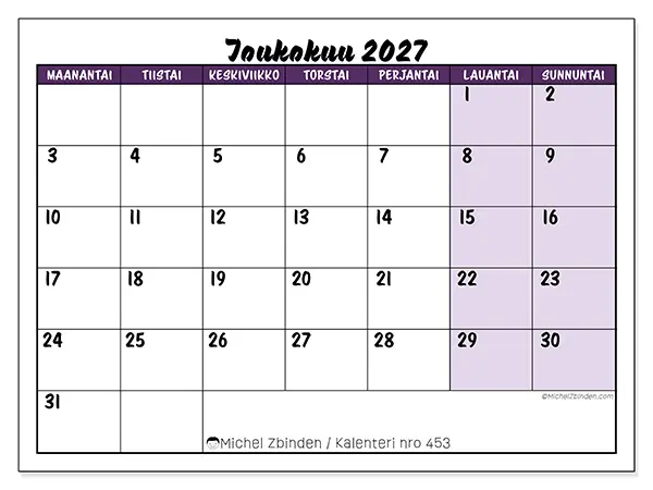 tulostettava kalenteri Toukokuu 2027 - Värikkäät tehtävät