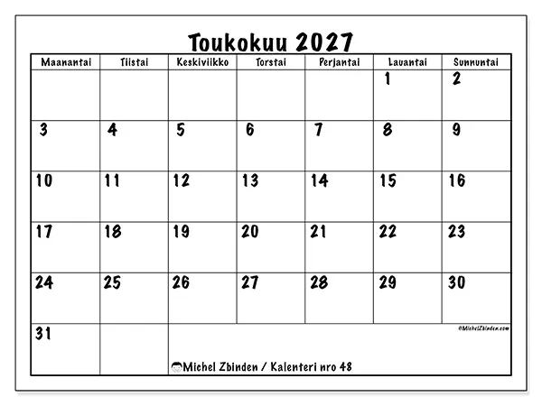 tulostettava kalenteri Toukokuu 2027 - Arjen suunnittelu