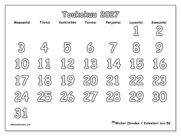 tulostettava kalenteri Toukokuu 2027 - Hyödyllinen väritys