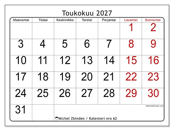 tulostettava kalenteri Toukokuu 2027 - Nopea yleiskuva