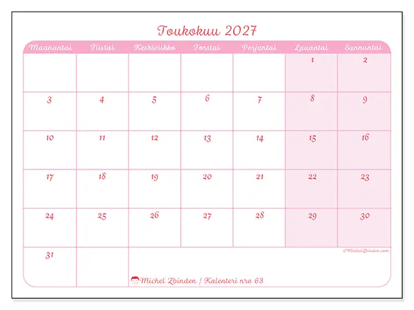 tulostettava kalenteri Toukokuu 2027 - Rauhallinen ilme