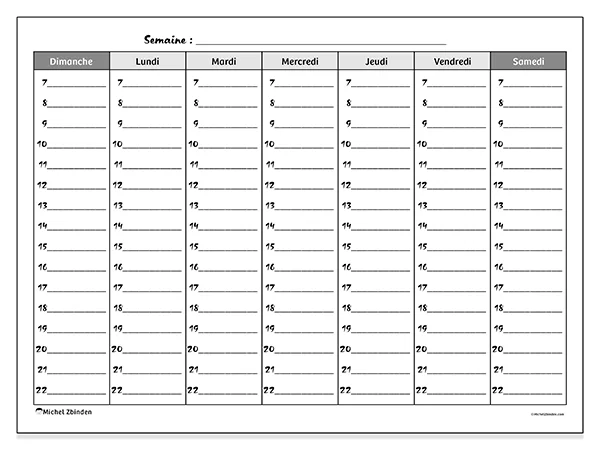 Planning hebdomadaire à imprimer - Horaire de la semaine - Semaine : dimanche à samedi