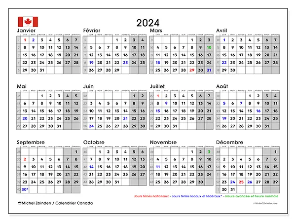 Calendrier Canada pour 2024 à imprimer gratuit. Semaine : Lundi à dimanche.