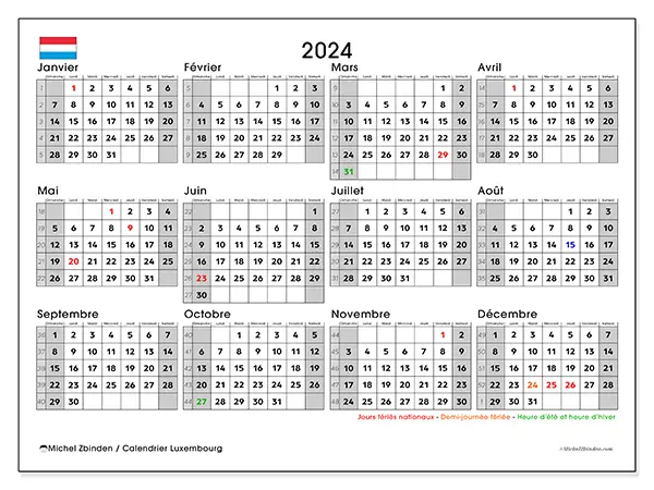 Calendrier Luxembourg pour 2024 à imprimer gratuit. Semaine : Dimanche à samedi.