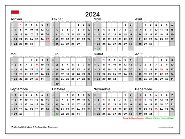 Calendrier Monaco pour 2024 à imprimer gratuit. Semaine : Dimanche à samedi.