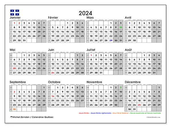 Calendrier Québec pour 2024 à imprimer gratuit. Semaine : Lundi à dimanche.