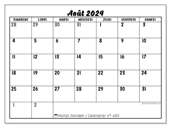 Calendrier n° 450 pour août 2024 à imprimer gratuit. Semaine : Dimanche à samedi.