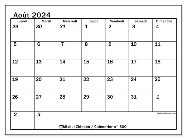 Calendrier n° 500 pour août 2024 à imprimer gratuit. Semaine : Lundi à dimanche.