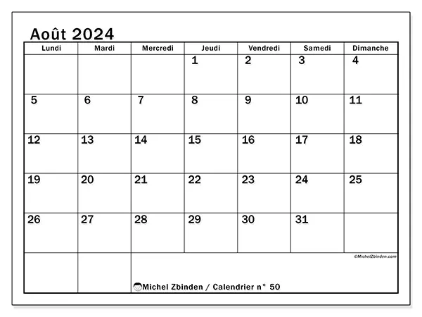 Calendrier n° 50 pour août 2024 à imprimer gratuit. Semaine : Lundi à dimanche.