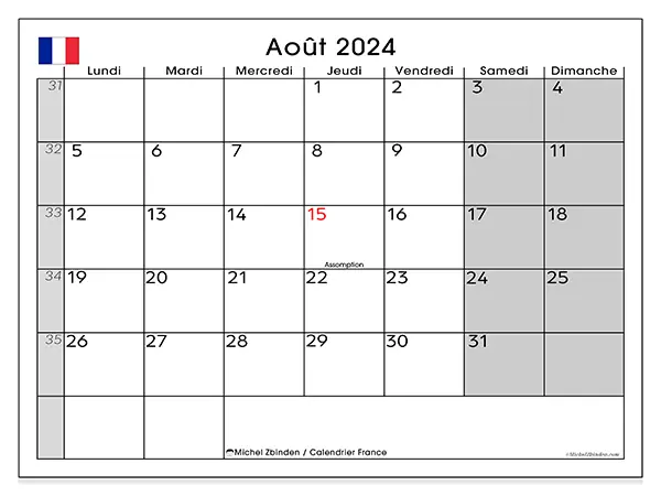 Calendrier France pour août 2024 à imprimer gratuit. Semaine : Lundi à dimanche.