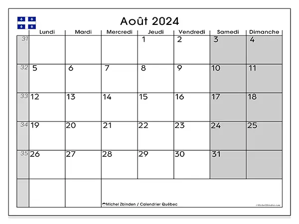 Calendrier Québec pour août 2024 à imprimer gratuit. Semaine : Lundi à dimanche.
