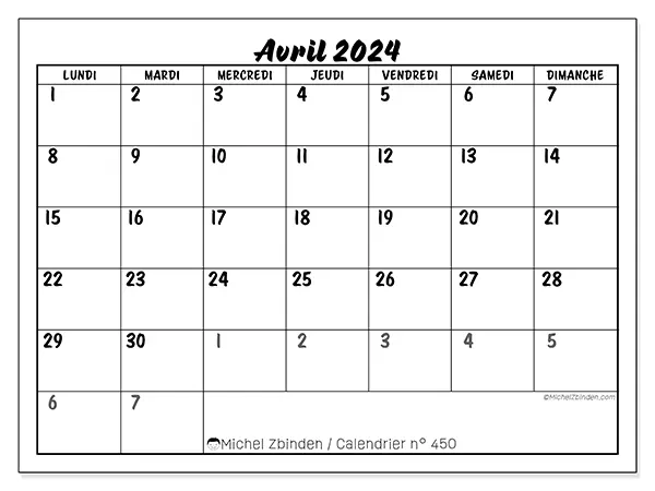Calendrier à imprimer n° 450, avril 2024