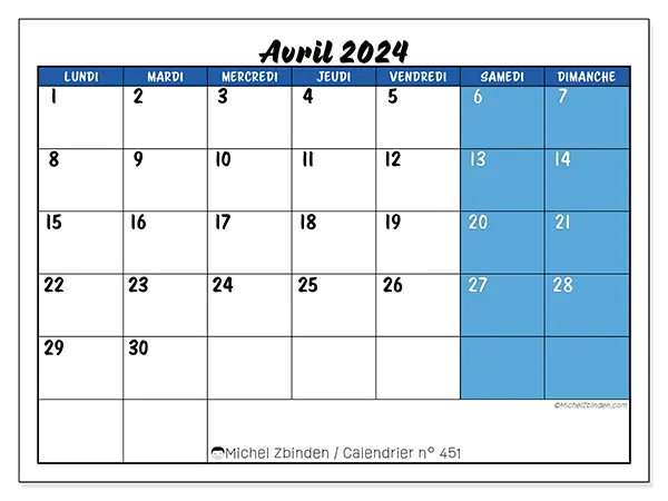 Calendrier n° 451 pour avril 2024 à imprimer gratuit. Semaine : Lundi à dimanche.