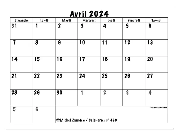 Calendrier à imprimer n° 480, avril 2024