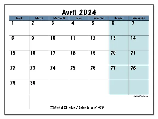 Calendrier n° 483 pour avril 2024 à imprimer gratuit. Semaine : Lundi à dimanche.