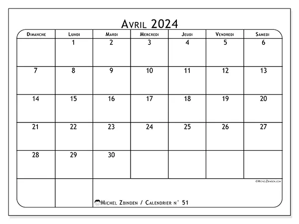 Calendrier n° 51 pour avril 2024 à imprimer gratuit. Semaine : Dimanche à samedi.