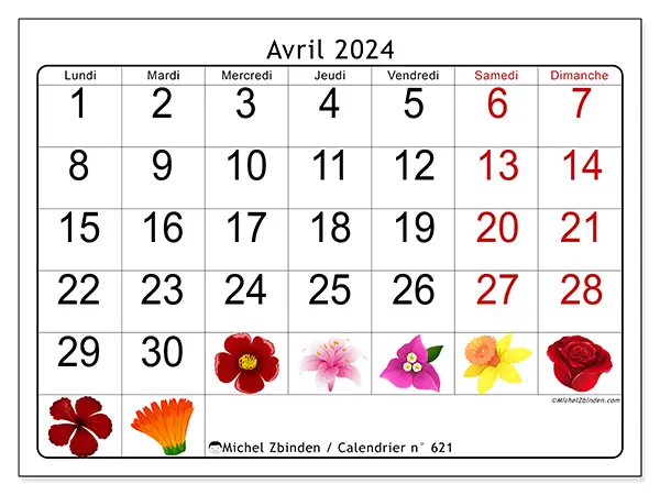 Calendrier n° 621 pour avril 2024 à imprimer gratuit. Semaine : Lundi à dimanche.