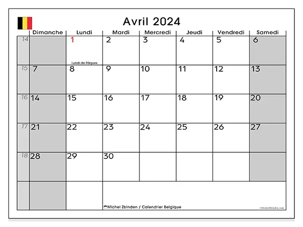 Calendrier Belgique pour avril 2024 à imprimer gratuit. Semaine : Dimanche à samedi.