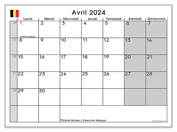 Calendrier Belgique pour avril 2024 à imprimer gratuit. Semaine : Lundi à dimanche.