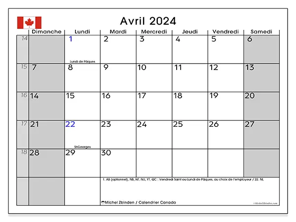 Calendrier Canada pour avril 2024 à imprimer gratuit. Semaine : Dimanche à samedi.