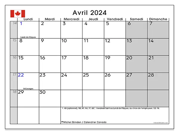 Calendrier Canada pour avril 2024 à imprimer gratuit. Semaine : Lundi à dimanche.