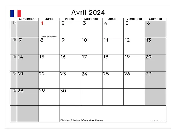Calendrier France pour avril 2024 à imprimer gratuit. Semaine : Dimanche à samedi.