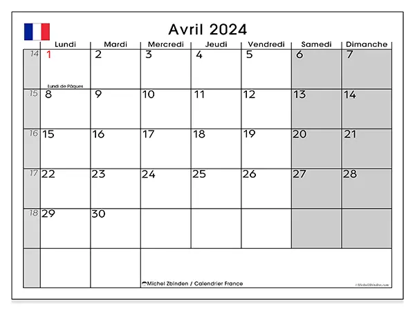 Calendrier France pour avril 2024 à imprimer gratuit. Semaine : Lundi à dimanche.