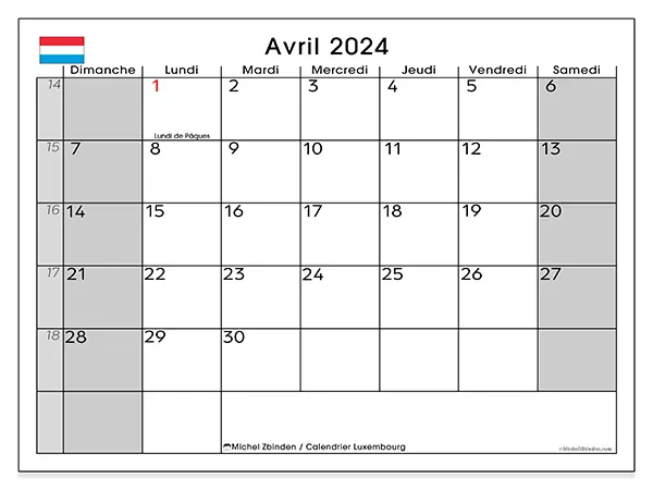 Calendrier Luxembourg pour avril 2024 à imprimer gratuit. Semaine : Dimanche à samedi.
