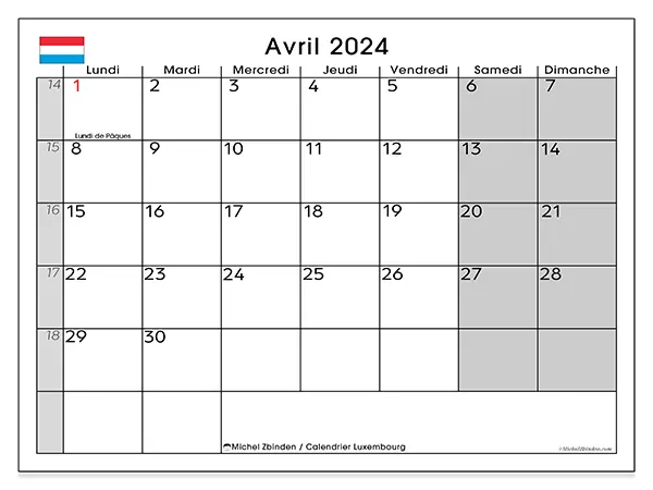 Calendrier Luxembourg pour avril 2024 à imprimer gratuit. Semaine : Lundi à dimanche.