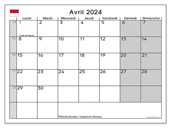 Calendrier Monaco pour avril 2024 à imprimer gratuit. Semaine : Lundi à dimanche.