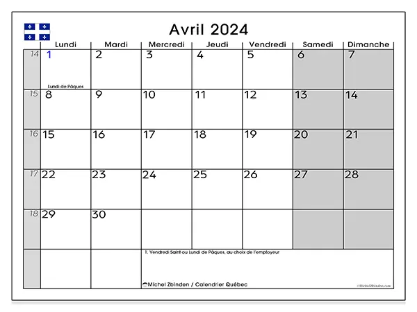 Calendrier Québec pour avril 2024 à imprimer gratuit. Semaine : Lundi à dimanche.