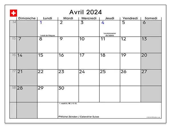 Calendrier Suisse pour avril 2024 à imprimer gratuit. Semaine : Dimanche à samedi.
