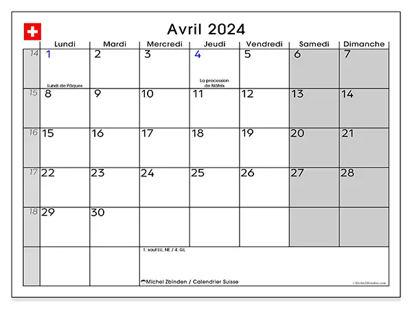 Calendrier Suisse pour avril 2024 à imprimer gratuit. Semaine : Lundi à dimanche.