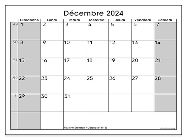 Calendrier n° 43 pour décembre 2024 à imprimer gratuit. Semaine : Dimanche à samedi.