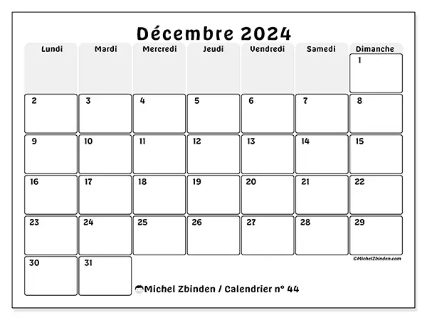 Calendrier n° 44 pour décembre 2024 à imprimer gratuit. Semaine : Lundi à dimanche.