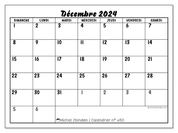 Calendrier n° 450 pour décembre 2024 à imprimer gratuit. Semaine : Dimanche à samedi.