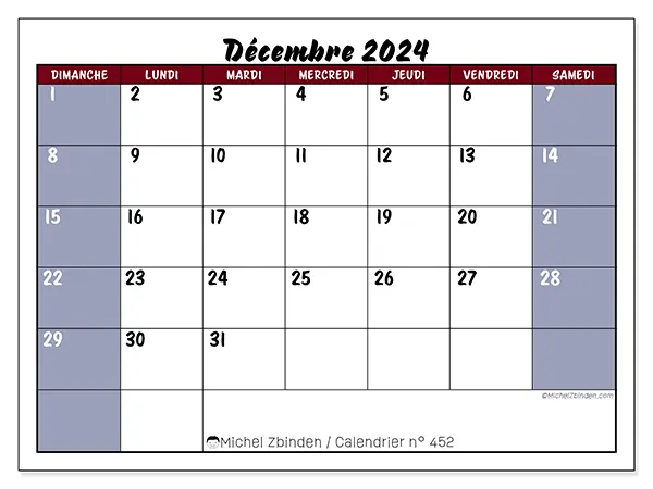 Calendrier n° 452 pour décembre 2024 à imprimer gratuit. Semaine : Dimanche à samedi.
