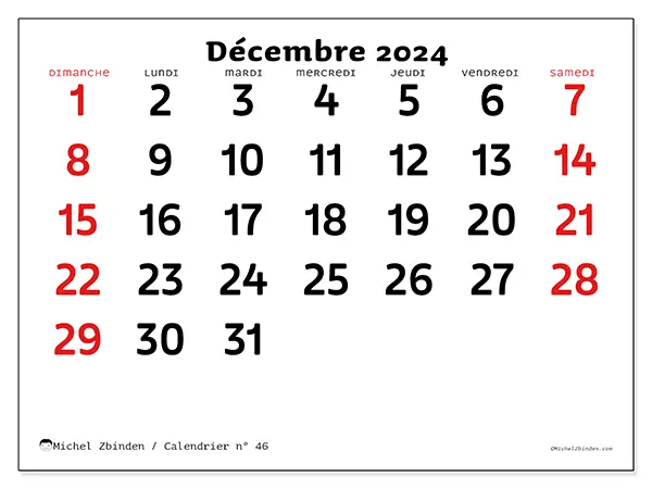 Calendrier n° 46 pour décembre 2024 à imprimer gratuit. Semaine : Dimanche à samedi.