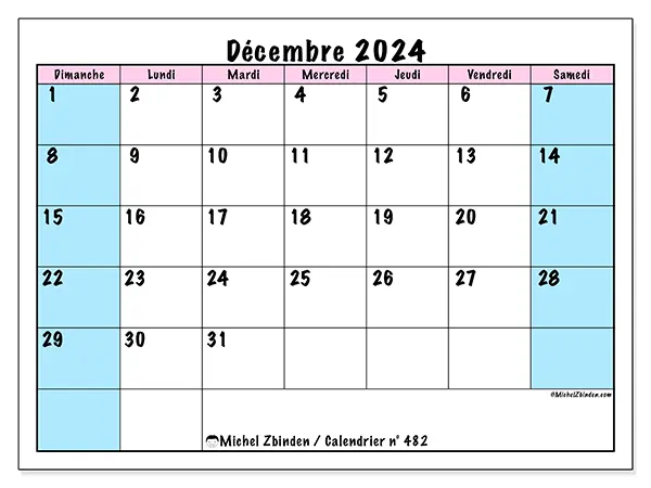 Calendrier n° 482 pour décembre 2024 à imprimer gratuit. Semaine : Dimanche à samedi.
