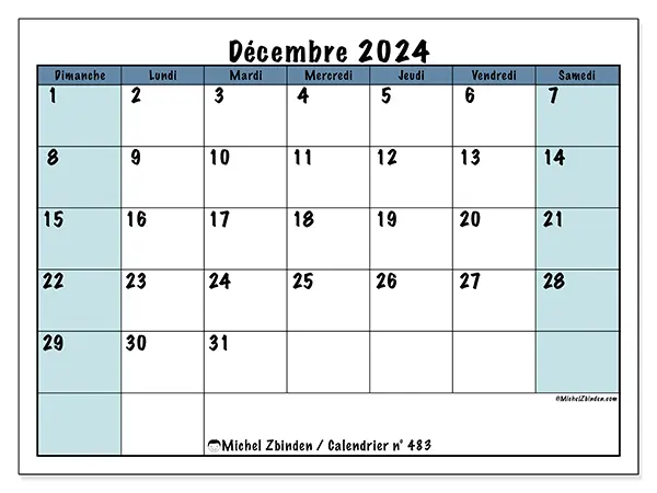 Calendrier n° 483 pour décembre 2024 à imprimer gratuit. Semaine : Dimanche à samedi.
